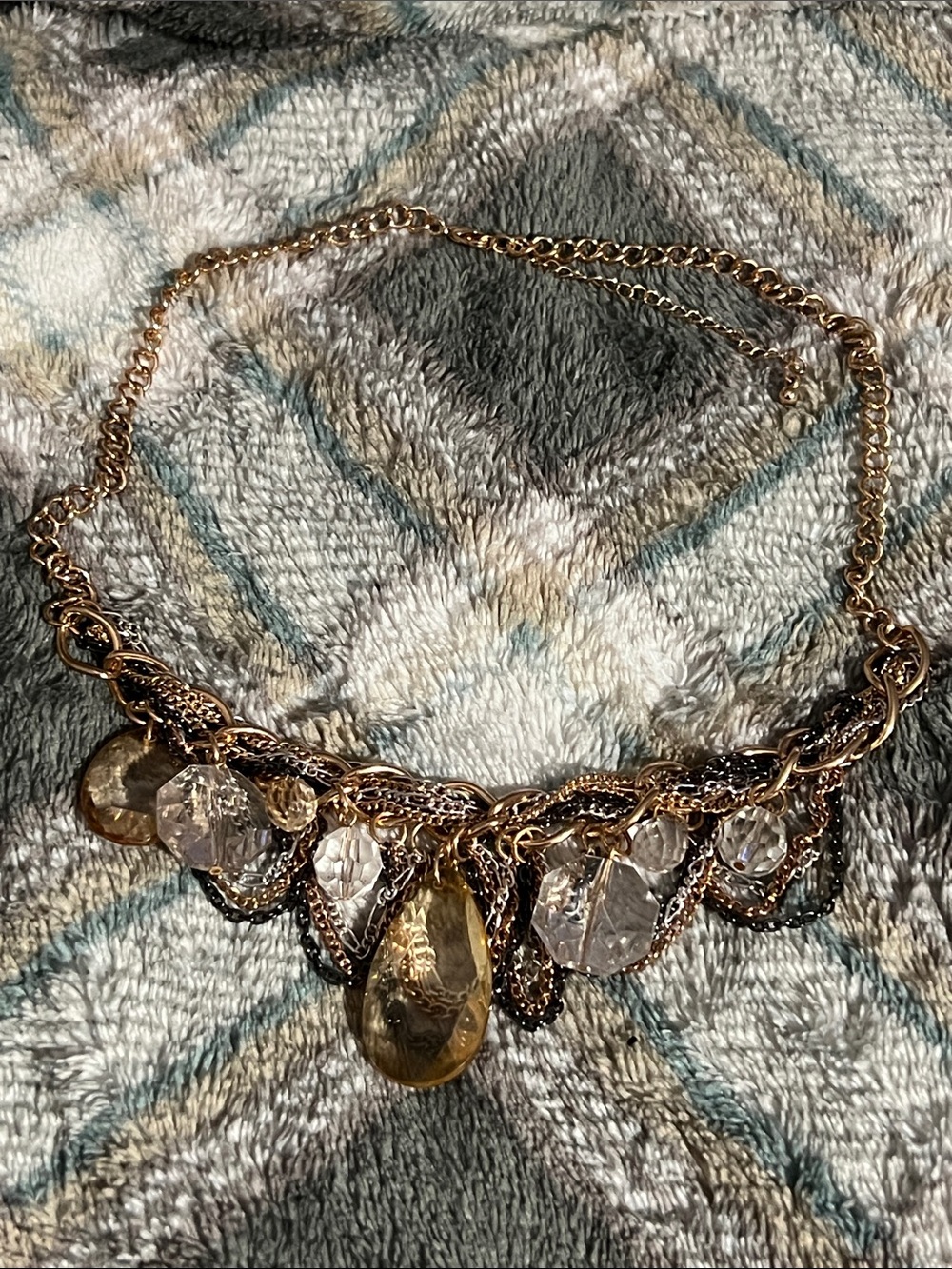 Gold-Tone Statement Necklace with Amber and Clear Drops